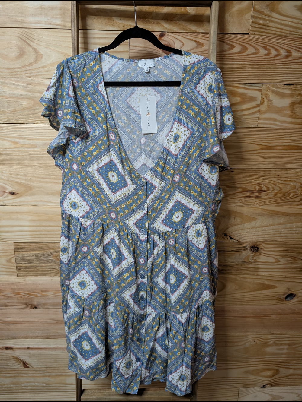 True Craft Blue Floral Patchwork V-Neck Tiered Dress